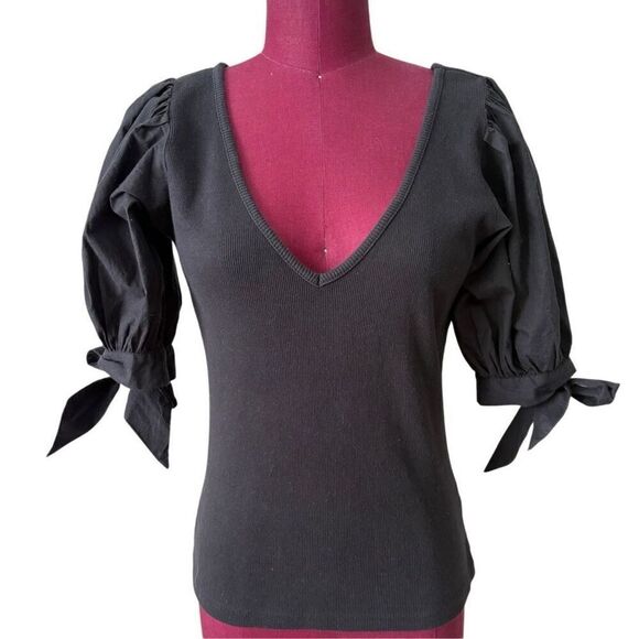 Anthropologie Maeve Puff-Sleeved Top V Neck Short Sleeve Tie Black Blouse - Picture 3 of 9